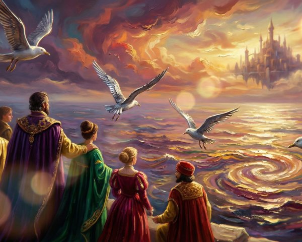 Kingly Attire Group Overlooking Dreamlike Sunset Scene