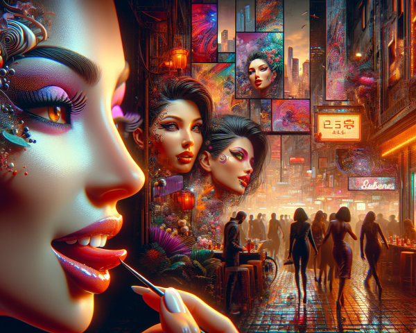 Neon Street Scene with Floral Patterns and Portraits