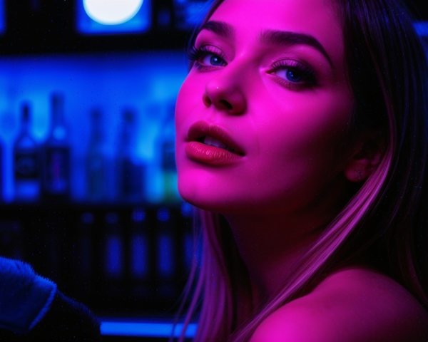 Close-Up Portrait of a Woman in Neon Bar Scene