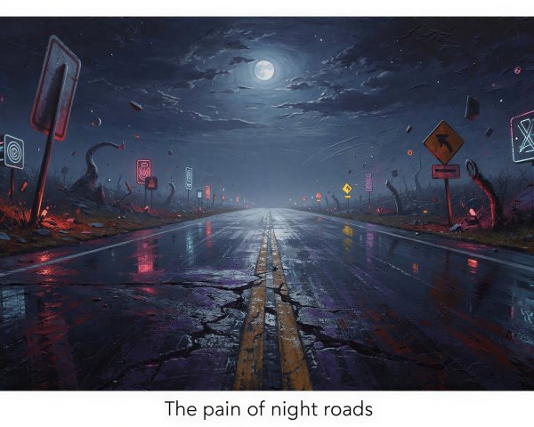 Hyperrealistic Night Scene of a Cracked Asphalt Road