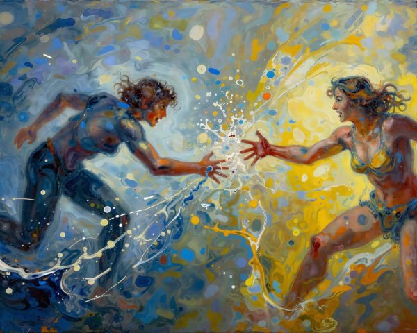Dynamic Oil Painting of Two Figures in Motion