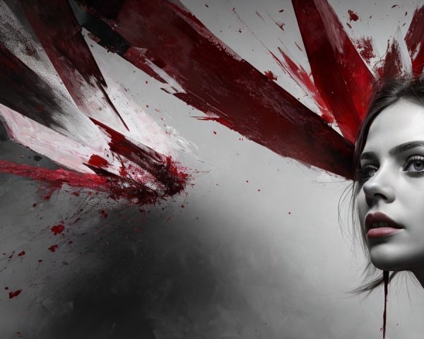 Monochromatic Artwork with Bold Red Accents and Shapes