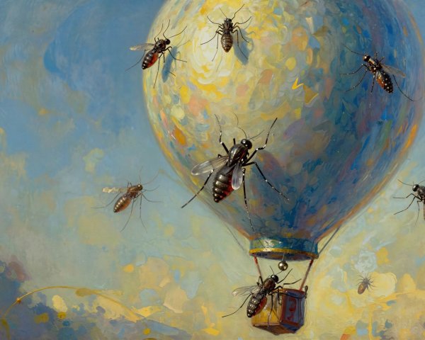 Hot Air Balloon Surrounded by Mosquitoes in Clouds