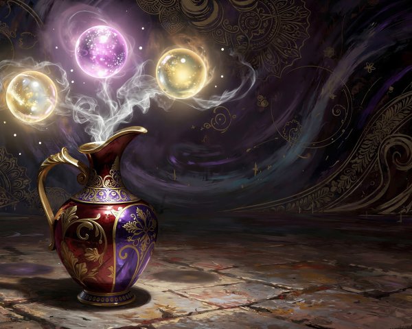 Ornate pitcher painting with smoke and glowing orbs