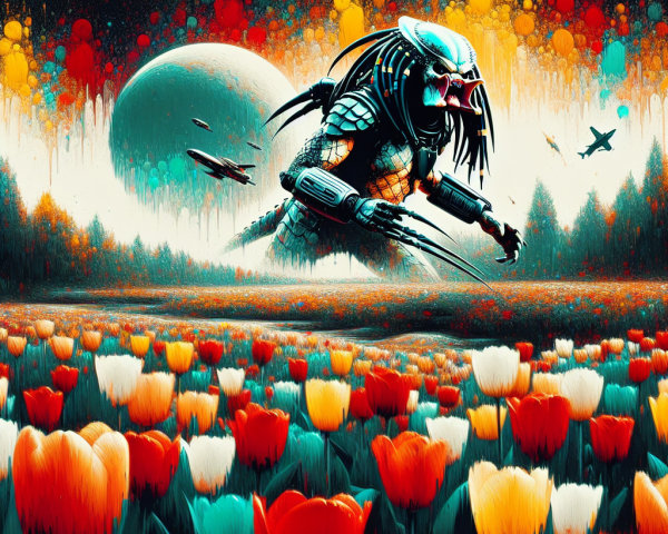 Armored Alien Warrior in Tulip Field Under Moonlight