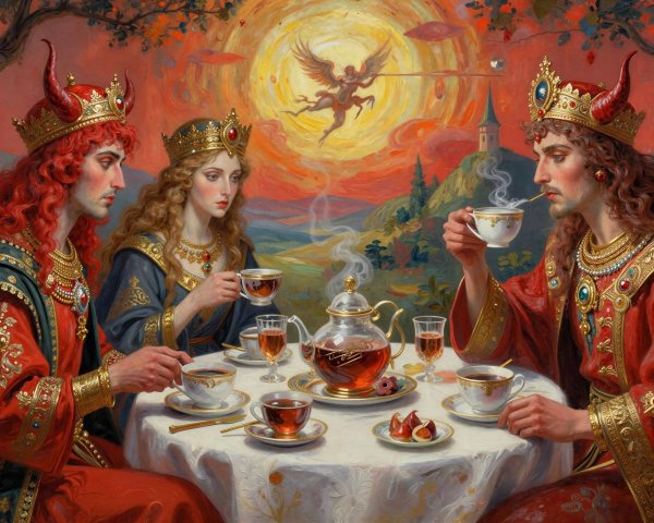 Three Crowned Figures at a Tea Ceremony in Oil Painting