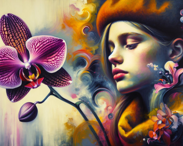 Portrait of a Young Woman with Vibrant Colors and Orchid