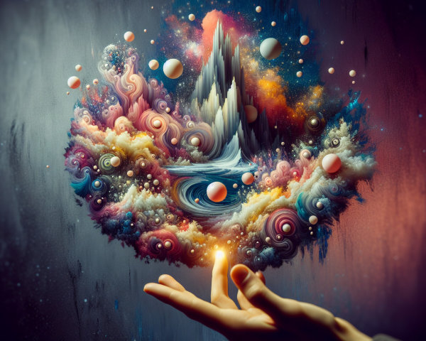 Surreal Landscape with Floating Orbs and Colorful Clouds