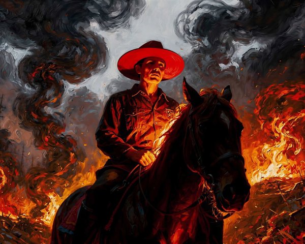 Cowboy on Dark Horse Amidst Wildfire Landscape