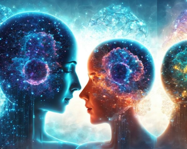 Stylized humanoid heads with cosmic patterns and lights