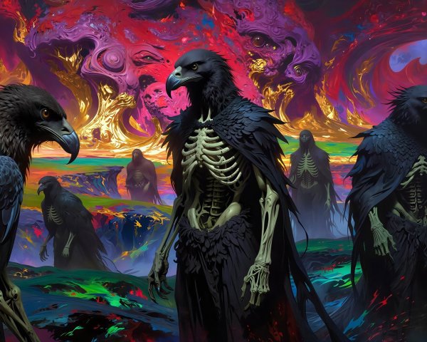 Surreal Landscape with Skeleton Vultures and Figures