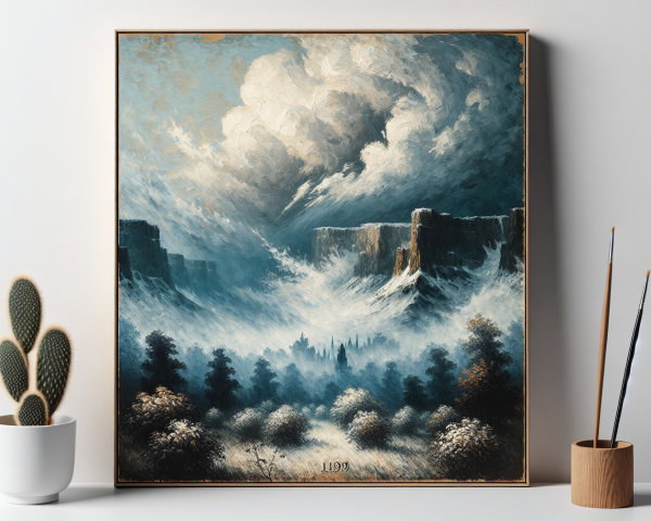Dramatic Landscape Painting with Mountains and Clouds