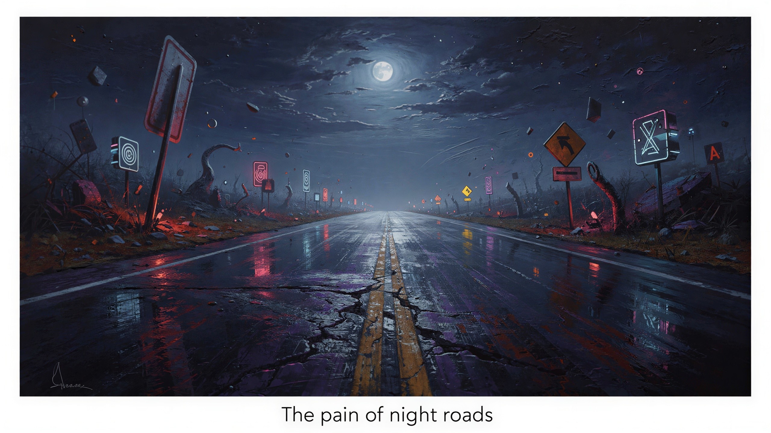 Hyperrealistic Night Scene of a Cracked Asphalt Road