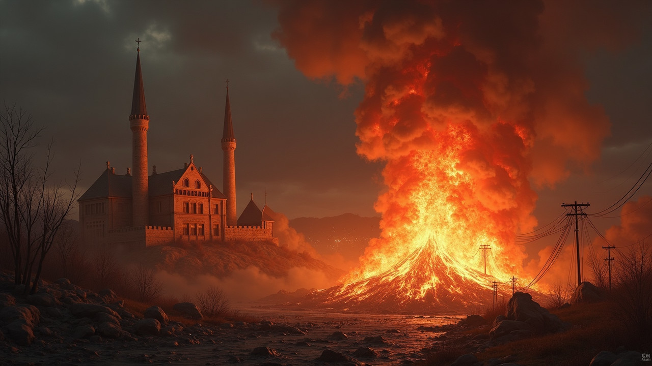 Majestic Castle and Erupting Volcano in Dramatic Scene