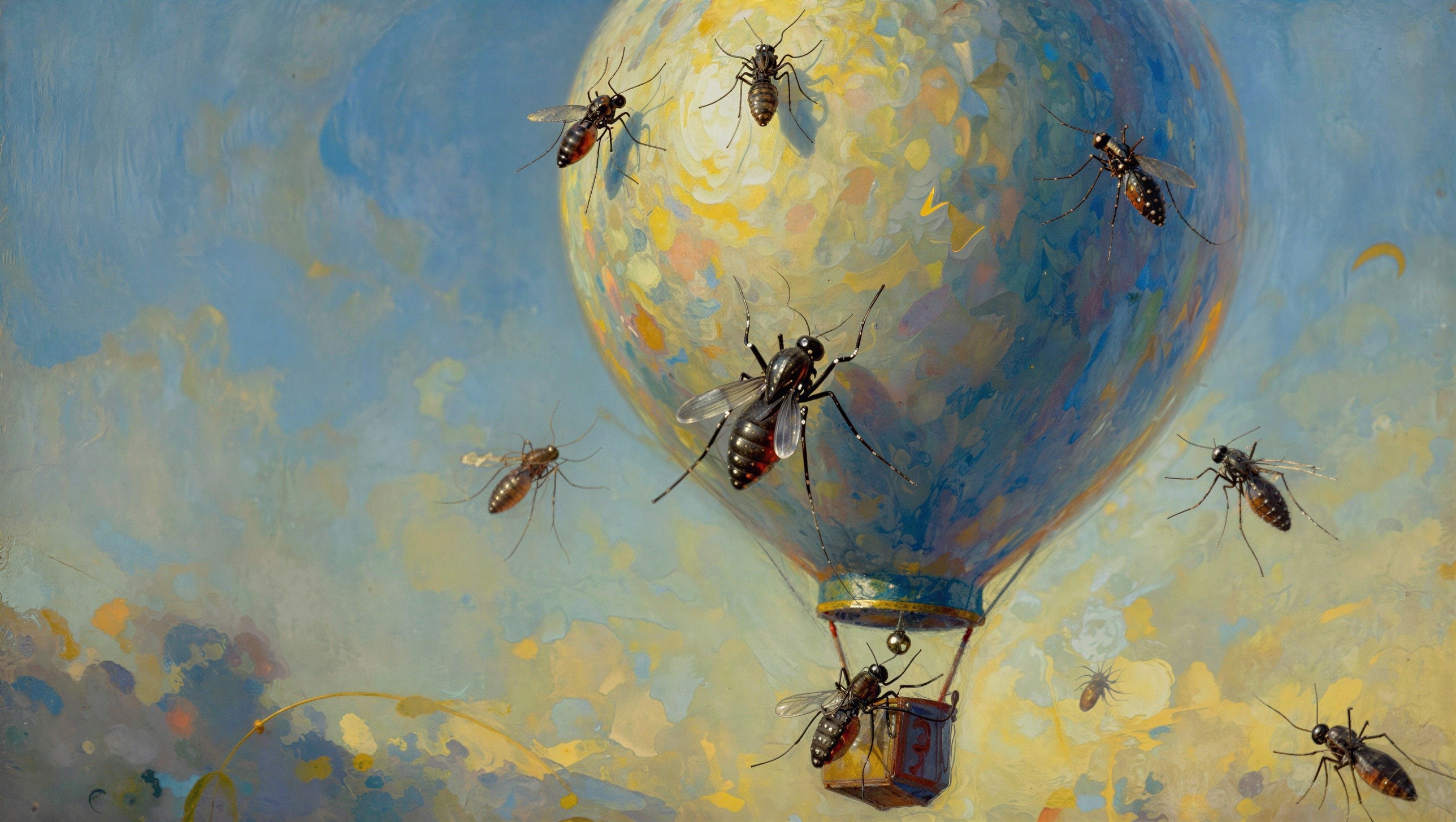 Hot Air Balloon Surrounded by Mosquitoes in Clouds