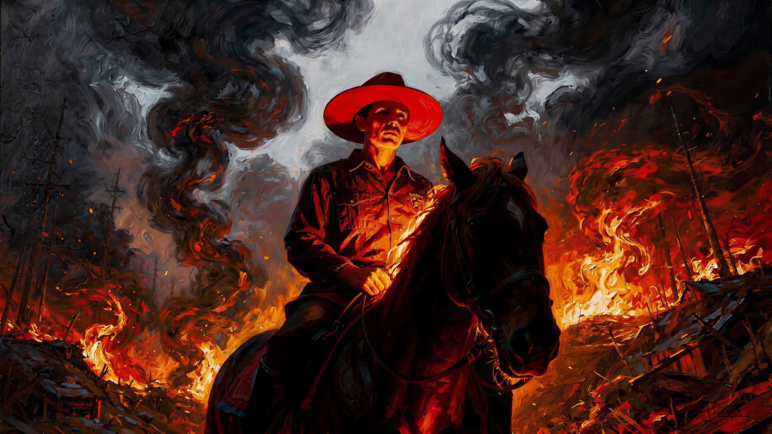 Cowboy on Dark Horse Amidst Wildfire Landscape