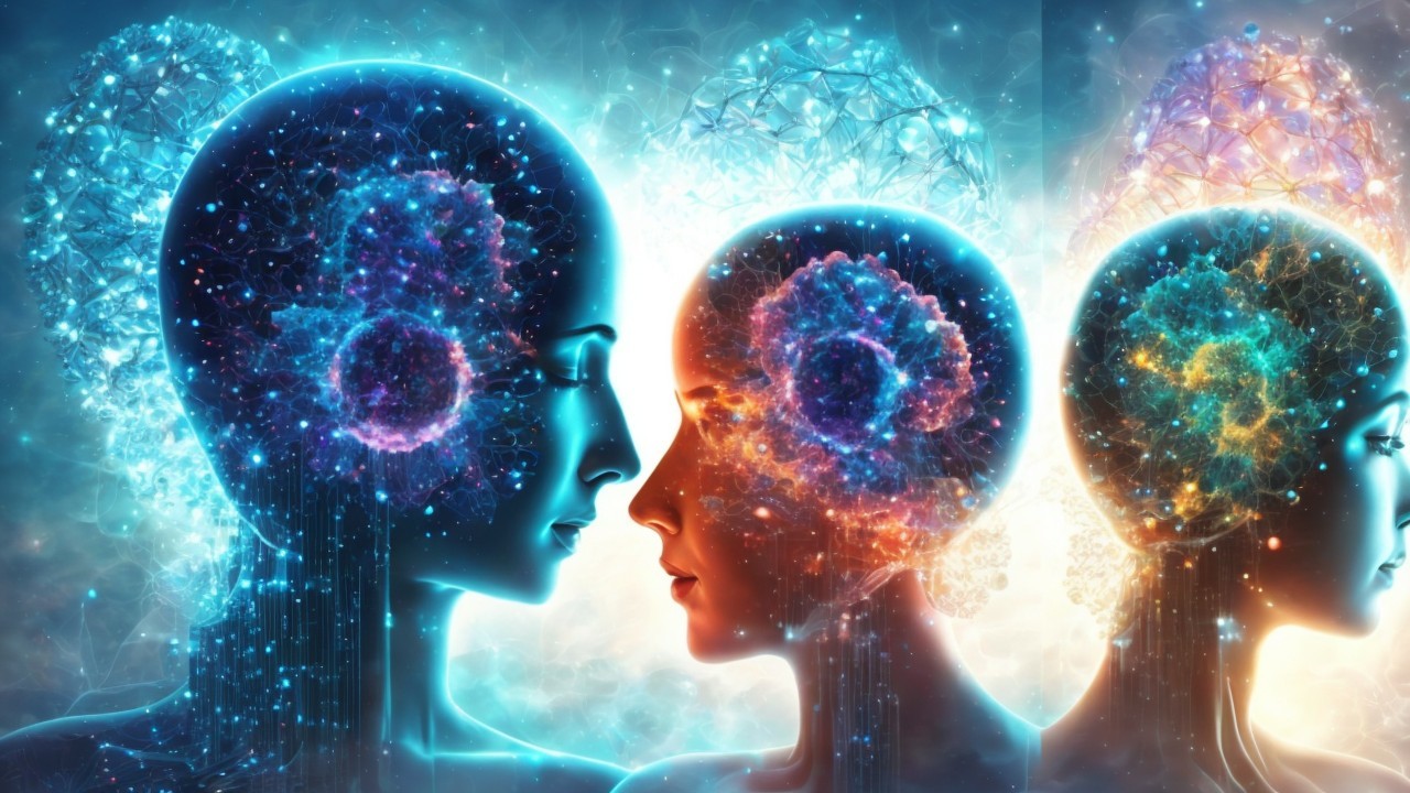 Stylized humanoid heads with cosmic patterns and lights