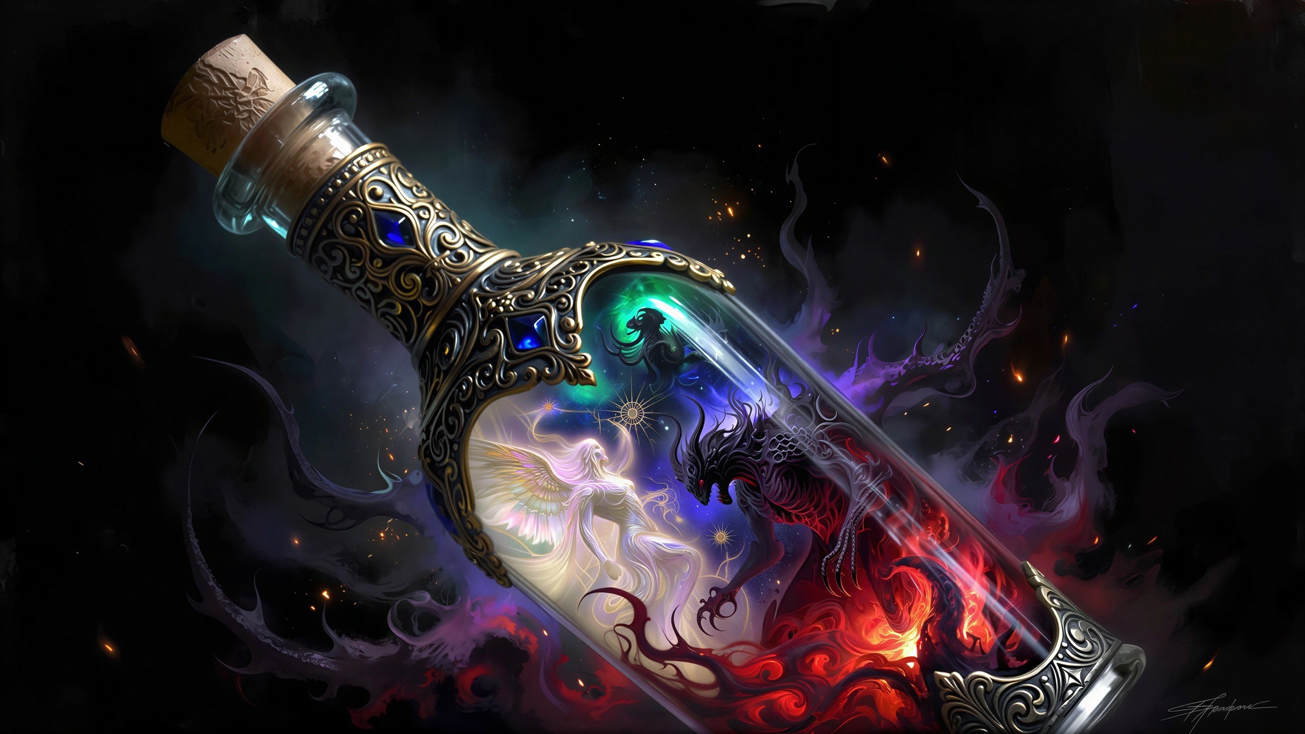 Digital Painting of a Glass Bottle with Angel and Dragon