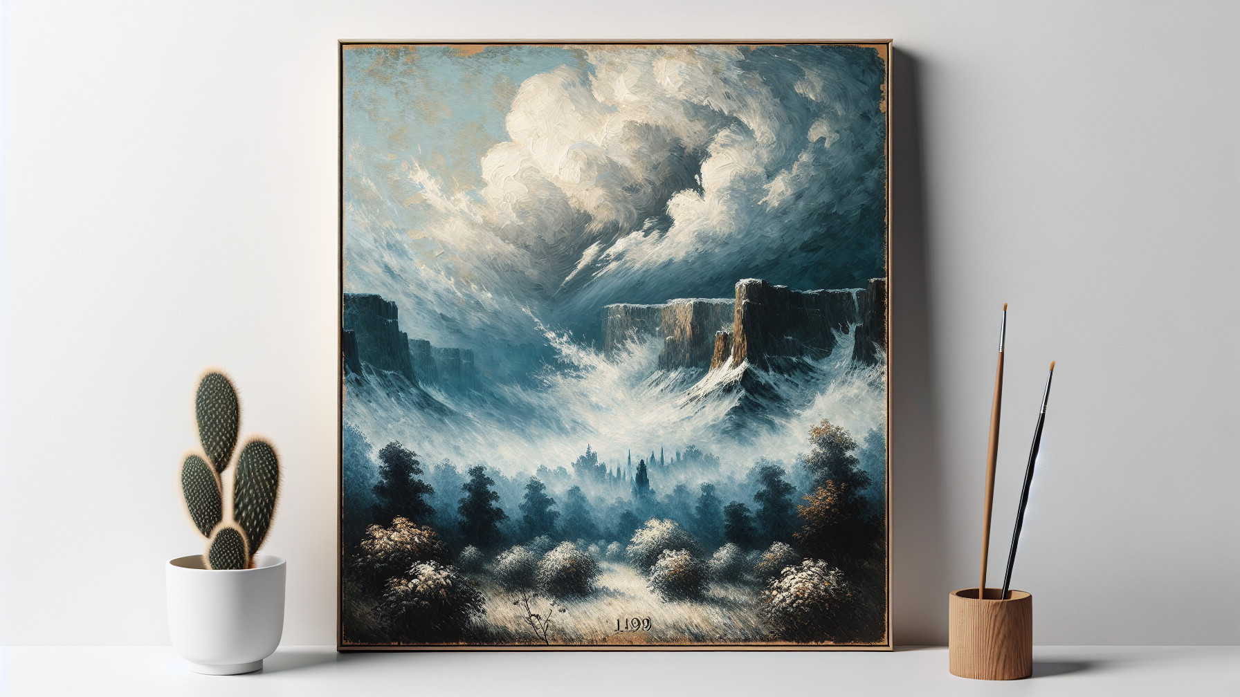 Dramatic Landscape Painting with Mountains and Clouds