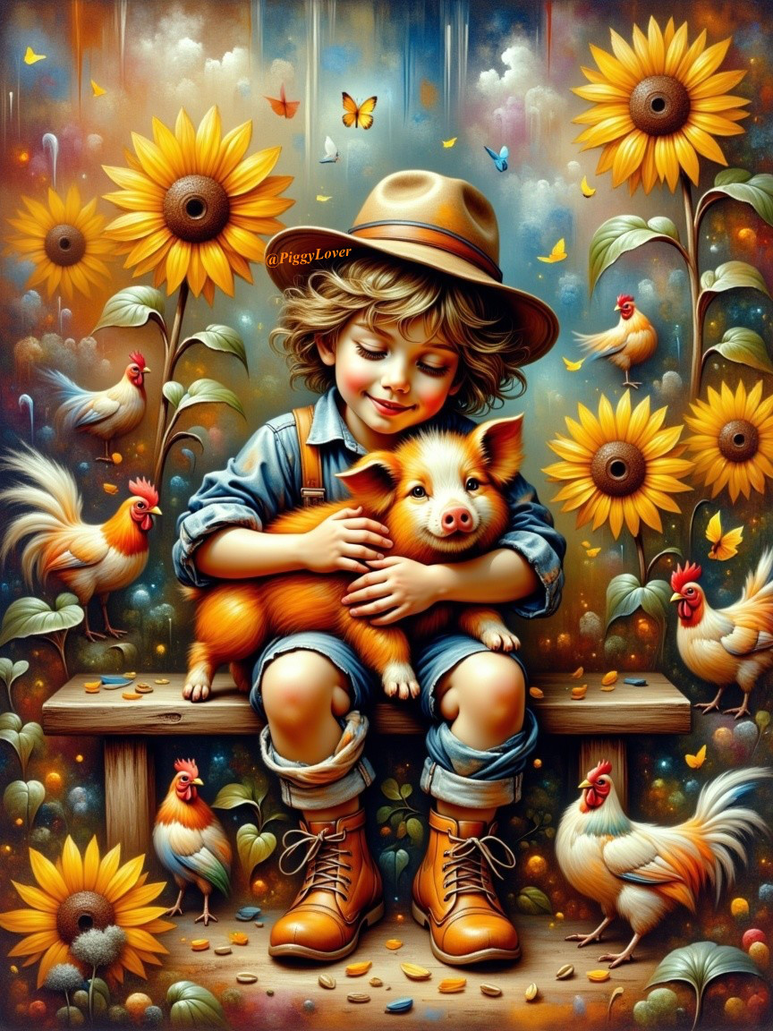 Joyful Child with Piglet on a Sunny Farm