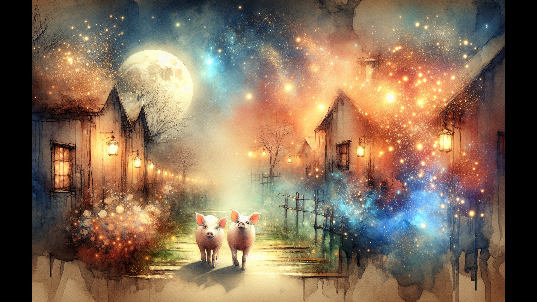 Whimsical Landscape with Pigs and Cosmic Night Sky