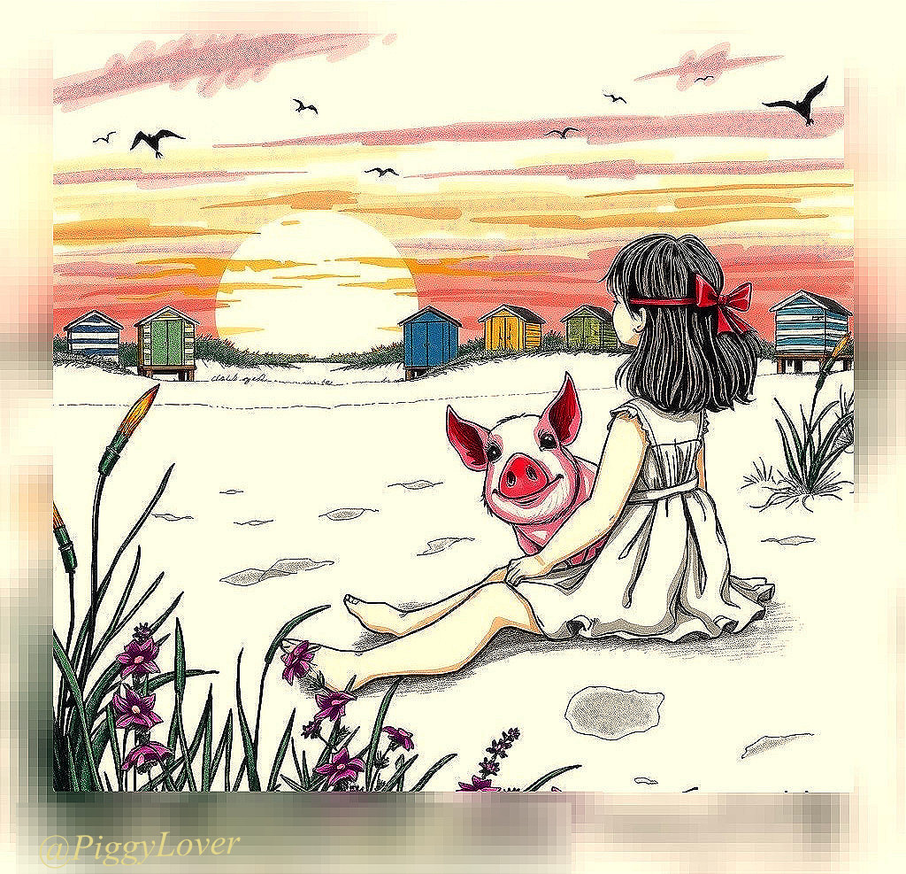 Girl with Piglet at Sunset on a Beach Scene
