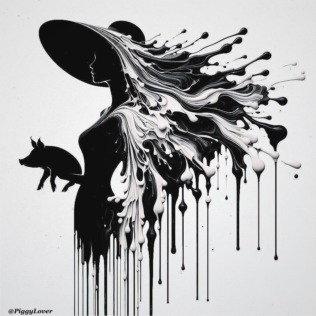 Silhouette of Woman with Hat and Pig in Abstract Art