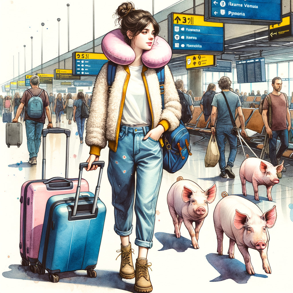 Young Woman with Pigs at Airport Terminal