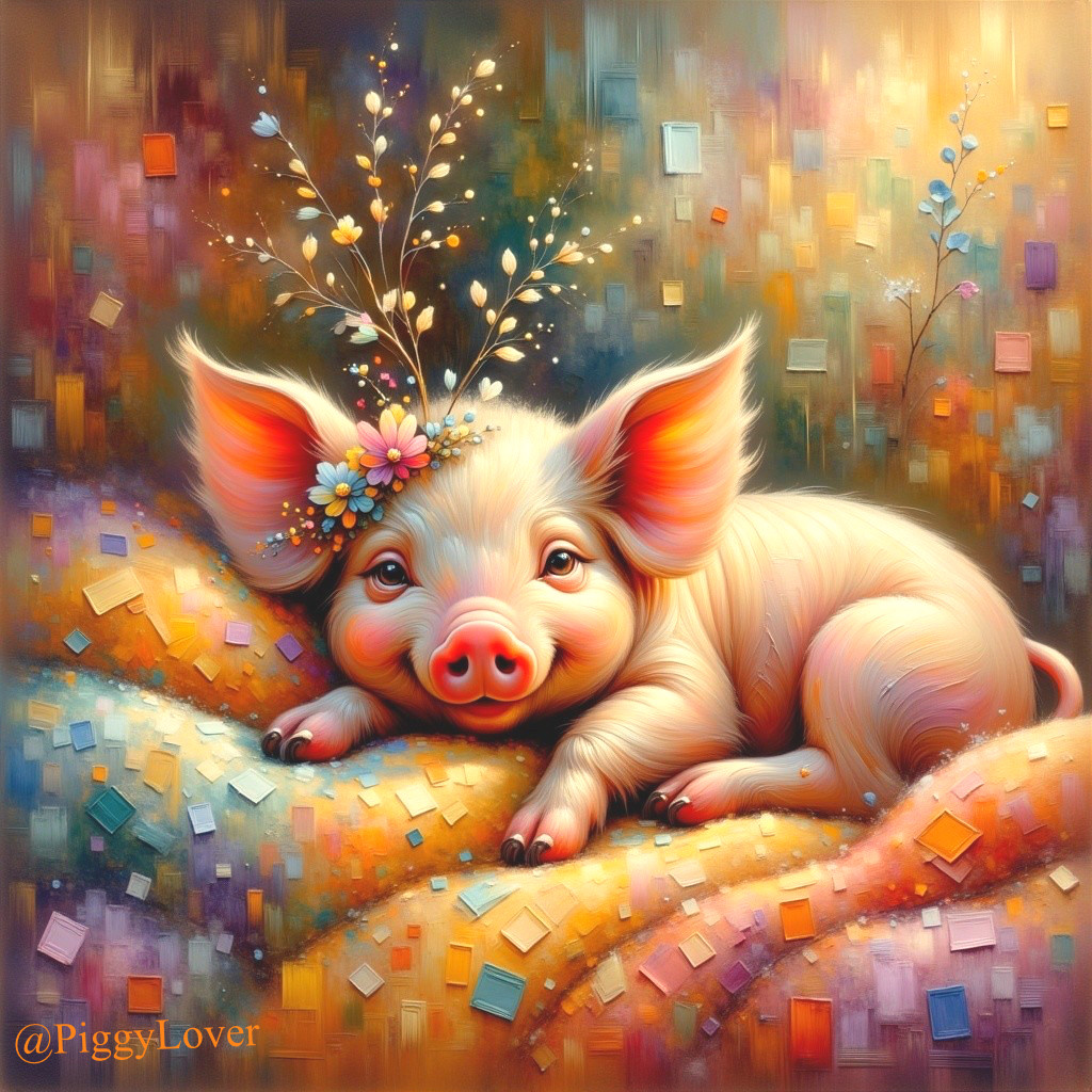 Fluffy Piglet on Colorful Blanket with Floral Crown