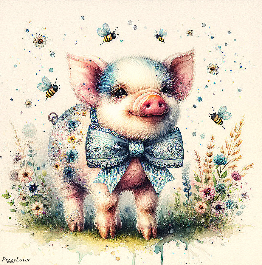 Charming Piglet in Colorful Field with Flowers and Bees