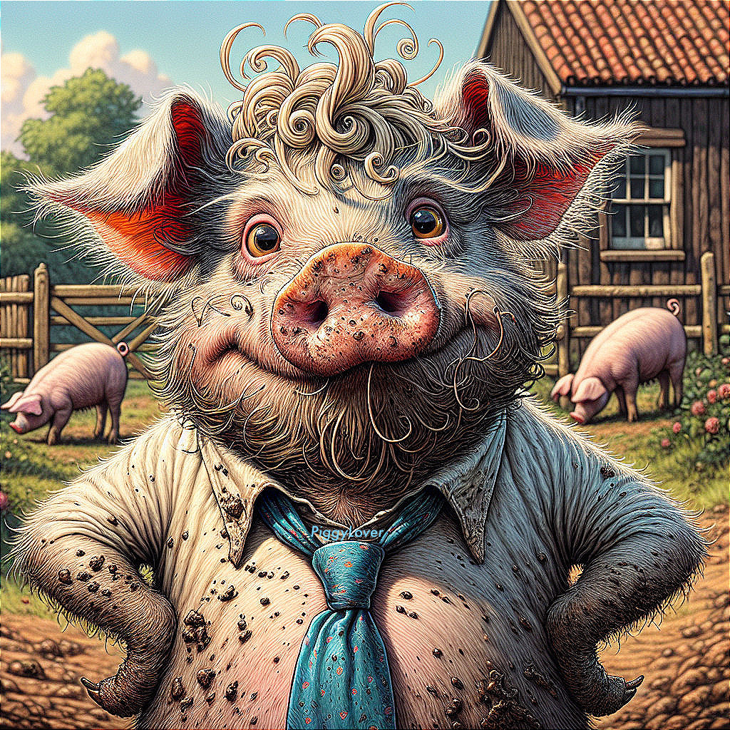 Cartoon Pig in Farm Scene with Whimsical Elements