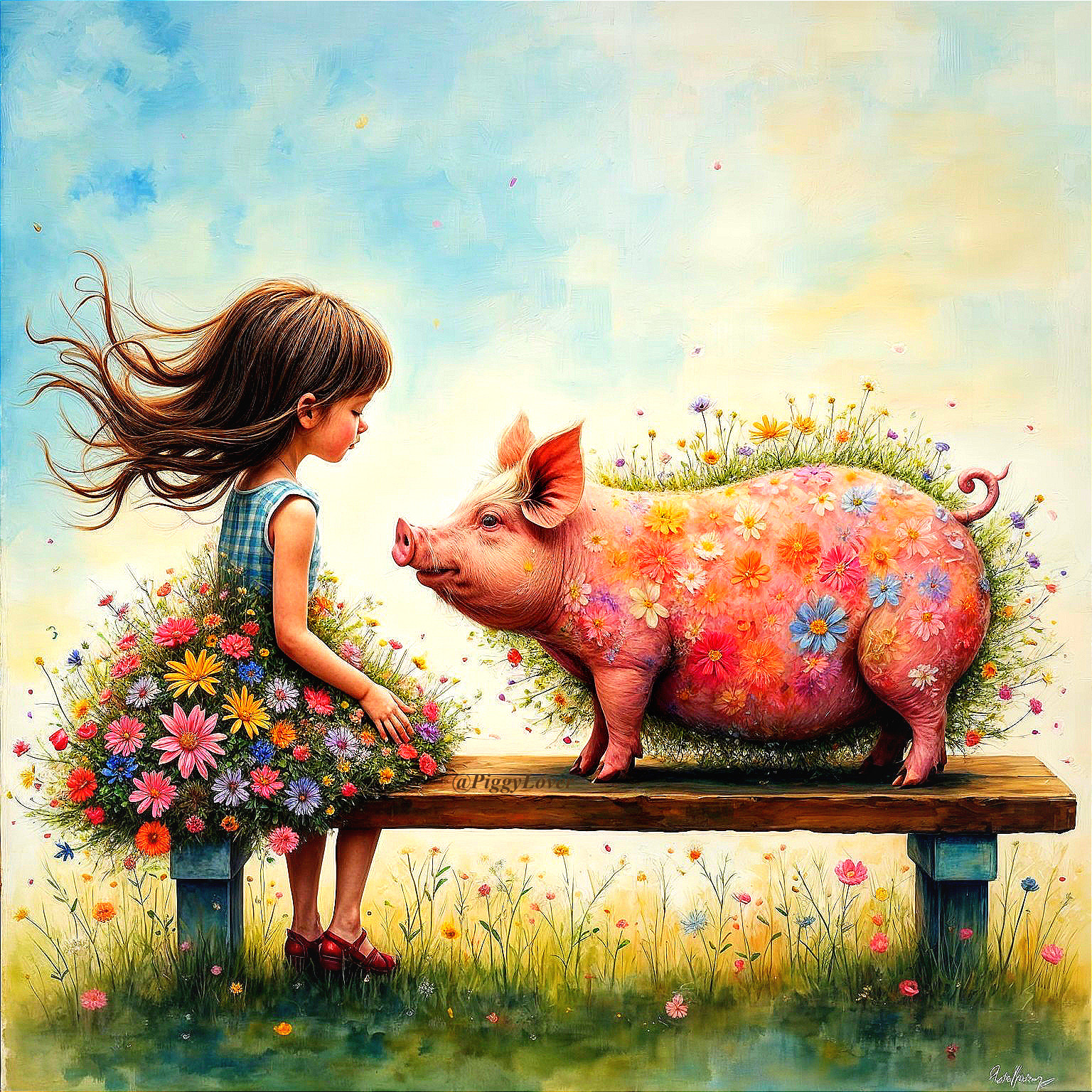 Whimsical Scene of Girl and Colorful Oversized Pig