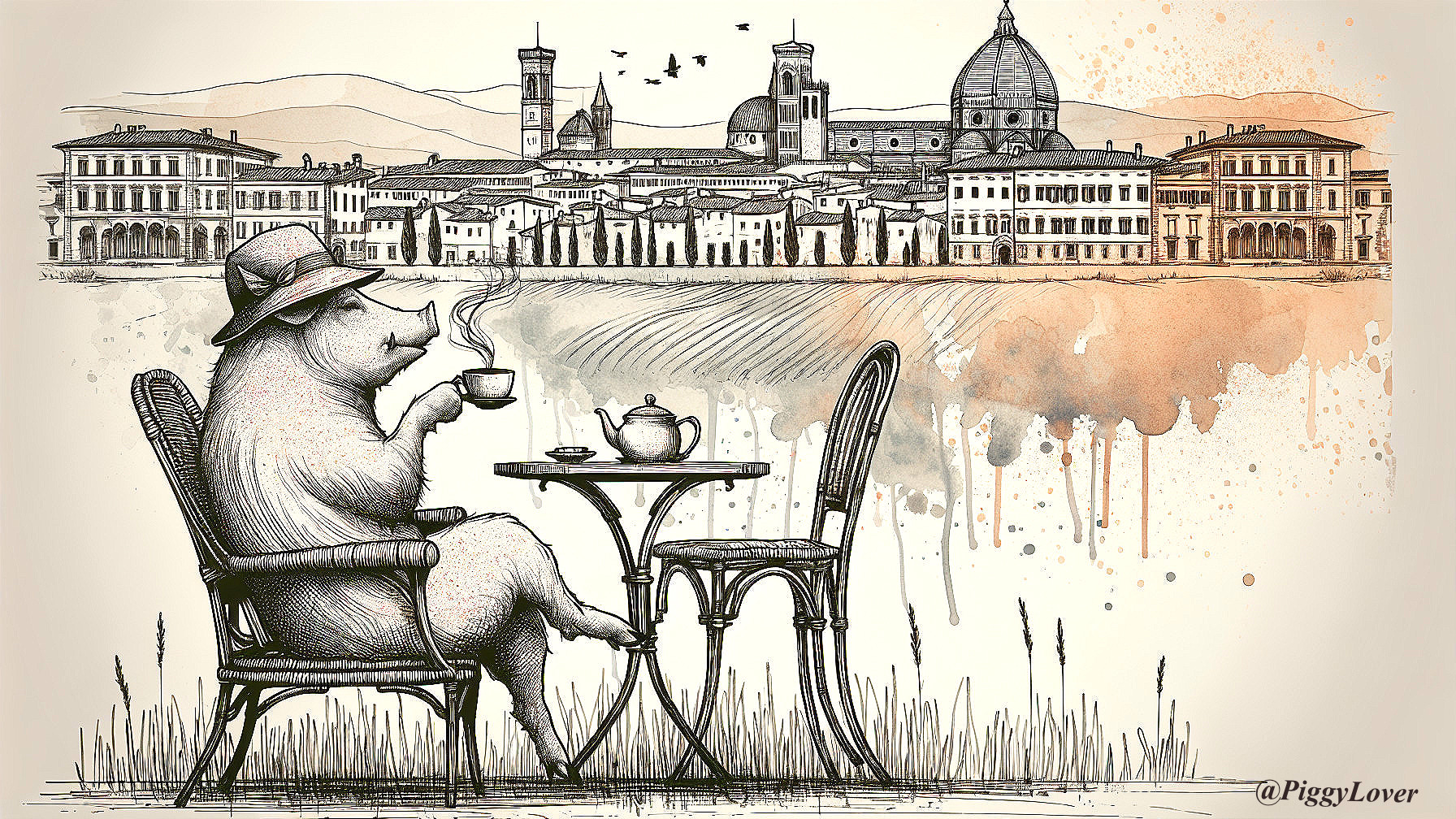 Whimsical Pig Illustration at Outdoor Café with Skyline