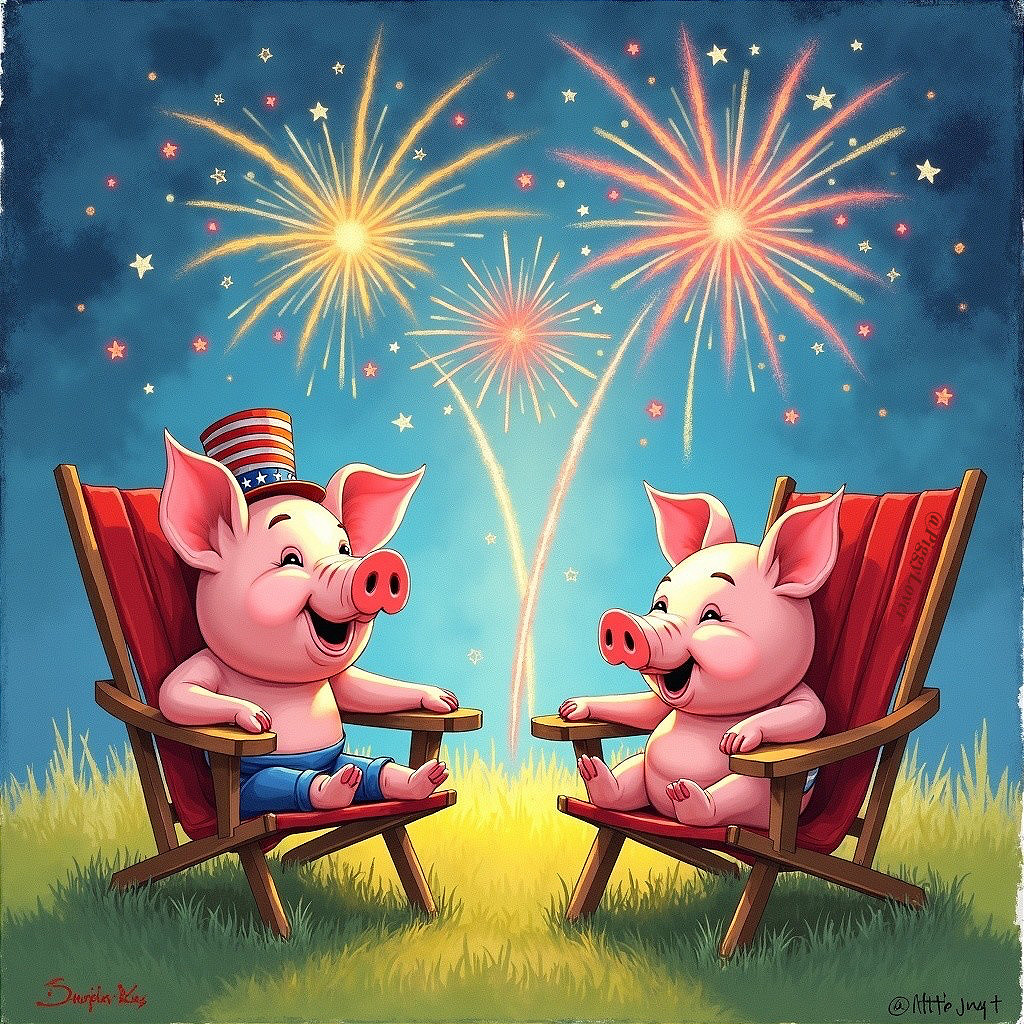 Cartoon pigs in lawn chairs celebrate with fireworks