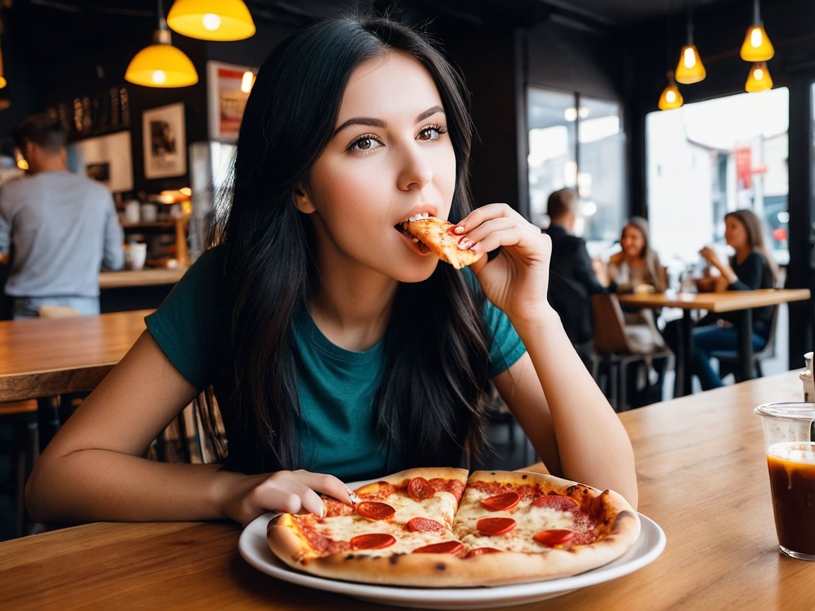 Young woman enjoying pizza in cozy café setting