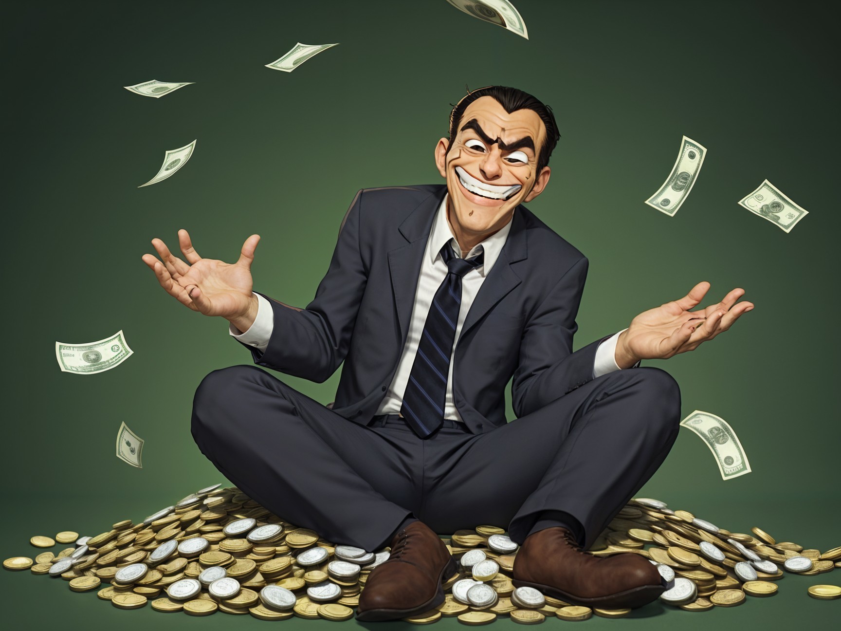 Charismatic Cartoon Character Surrounded by Money