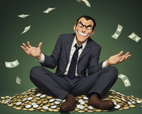 Charismatic Cartoon Character Surrounded by Money