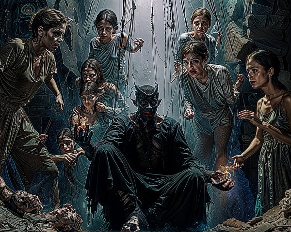 Haunting Scene with Central Figure and Multiple Women
