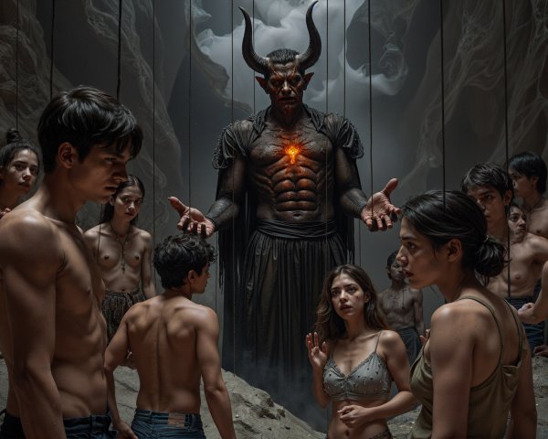 Muscular Figure with Horns in Dark Cavern Setting
