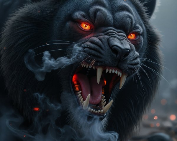 Mythical Black Lion Creature with Fiery Elements
