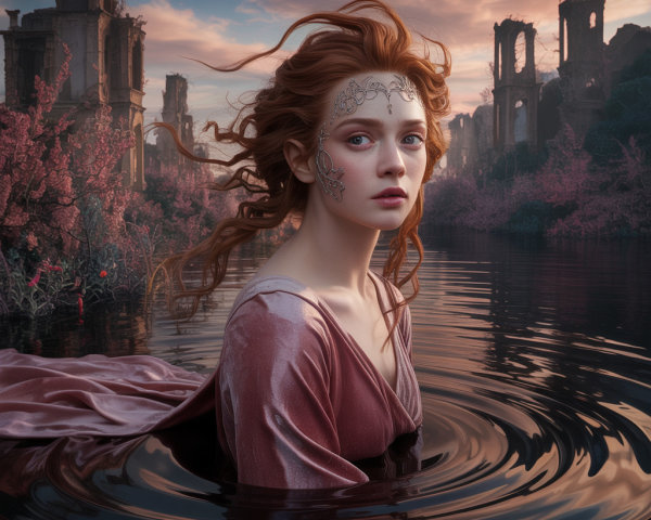 Young woman in pink gown rises from dark water