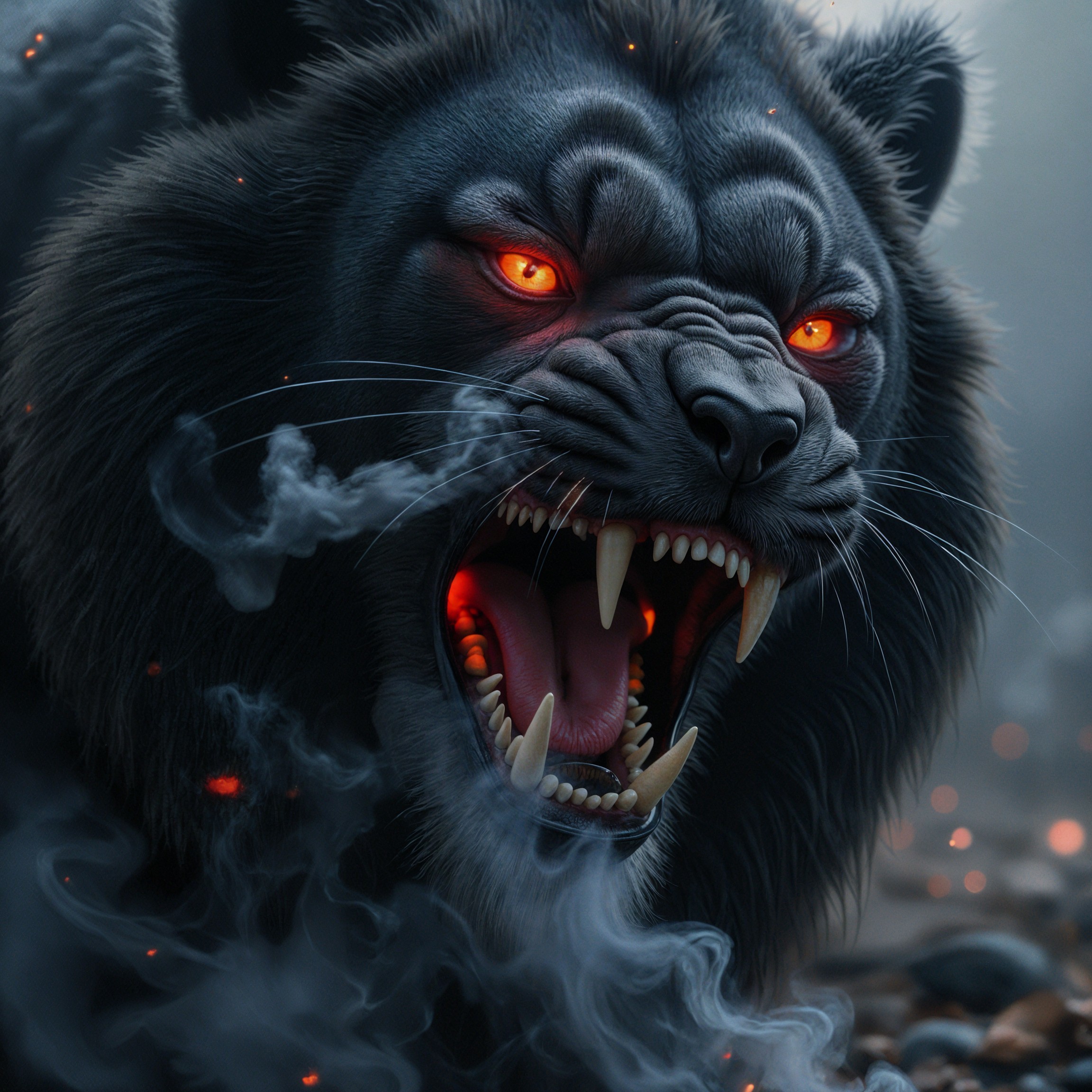 Mythical Black Lion Creature with Fiery Elements