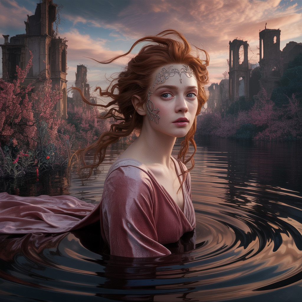 Young woman in pink gown rises from dark water
