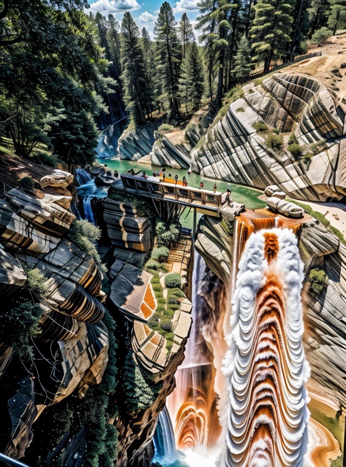 Waterfall Cascading Down Rocky Cliffs with Lush Greenery