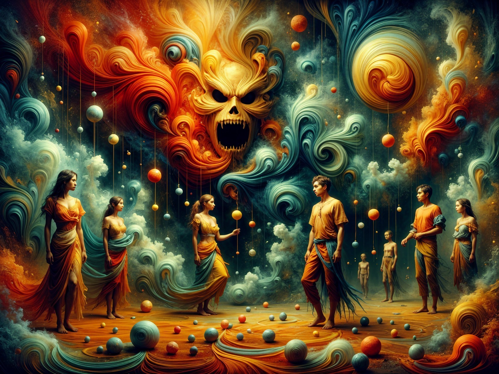 Cosmic Scene with Figures and Celestial Elements