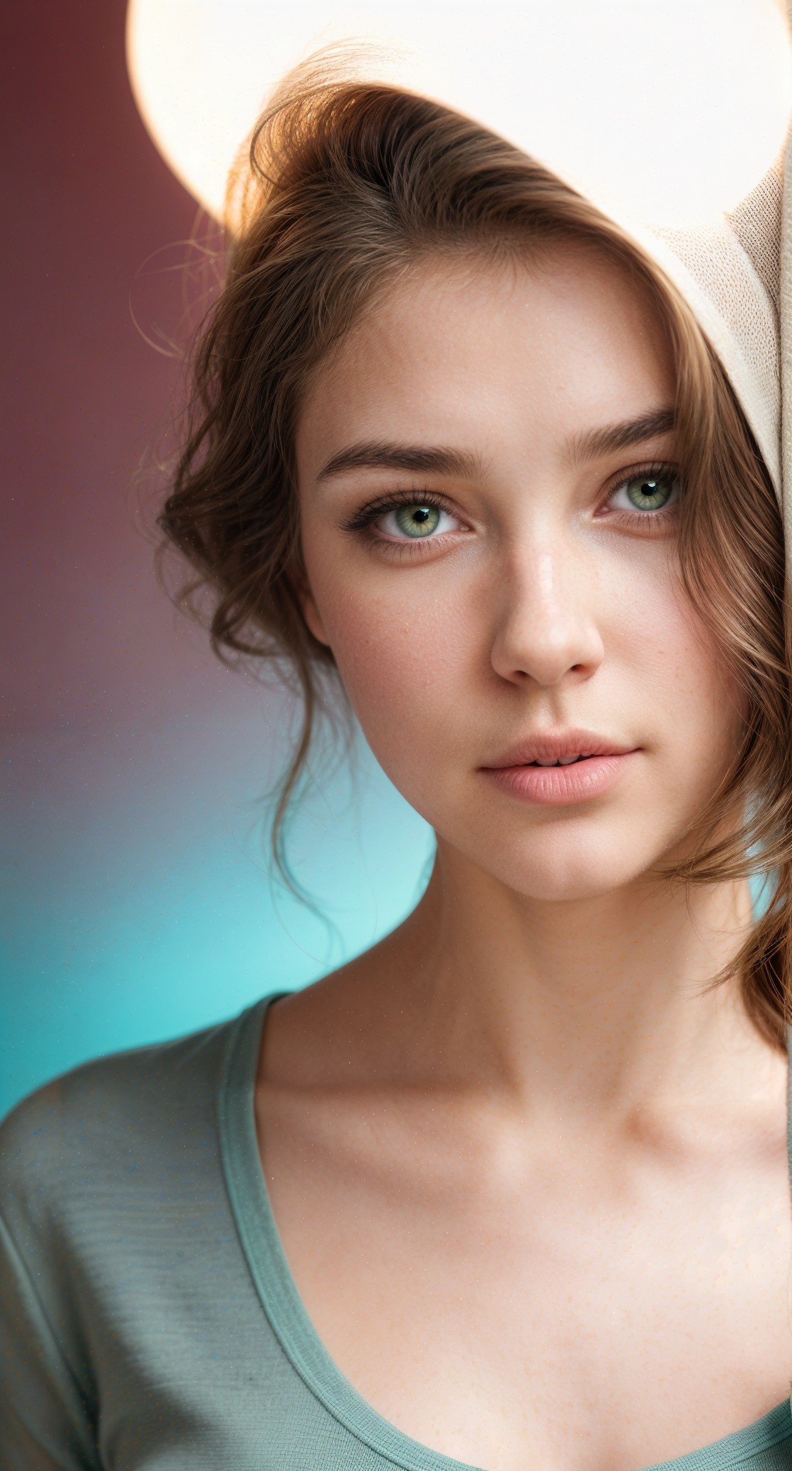 Young woman with striking green eyes and wavy hair