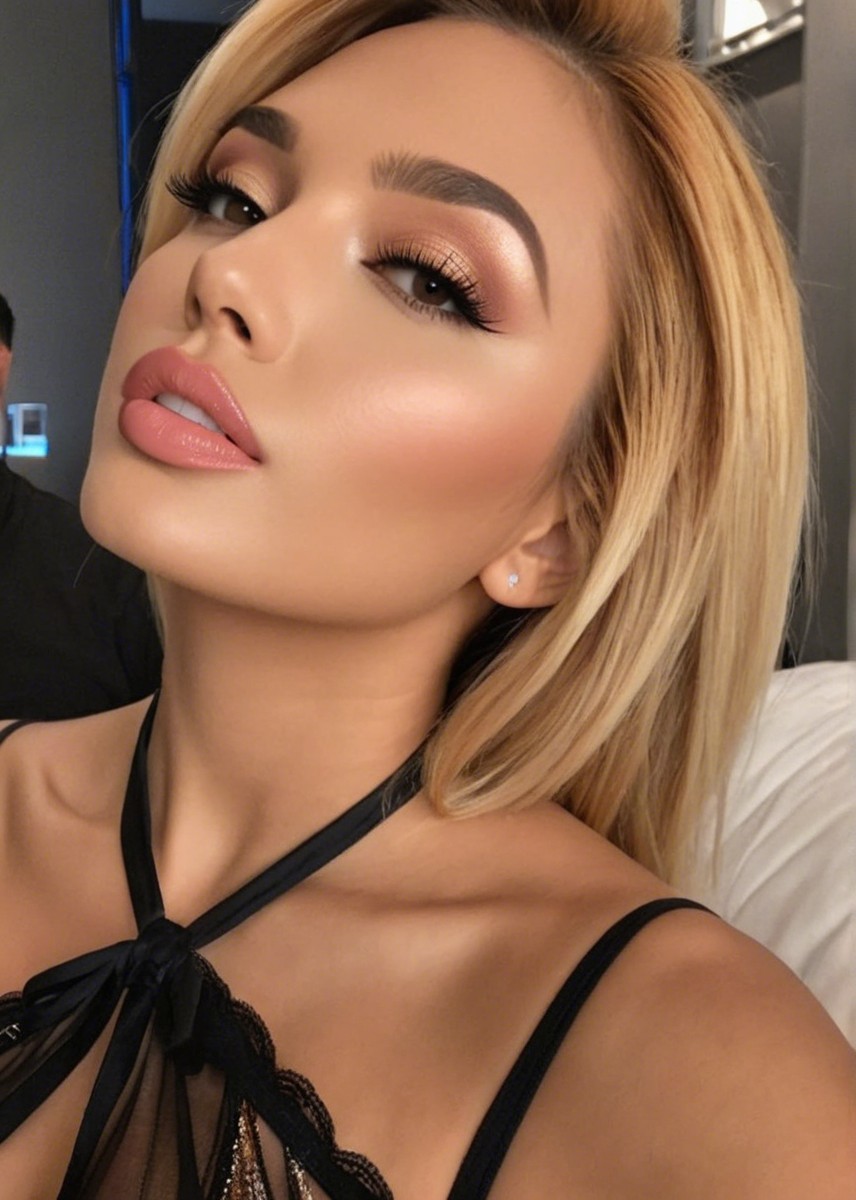 Close-up of a woman with flawless makeup and blond hair