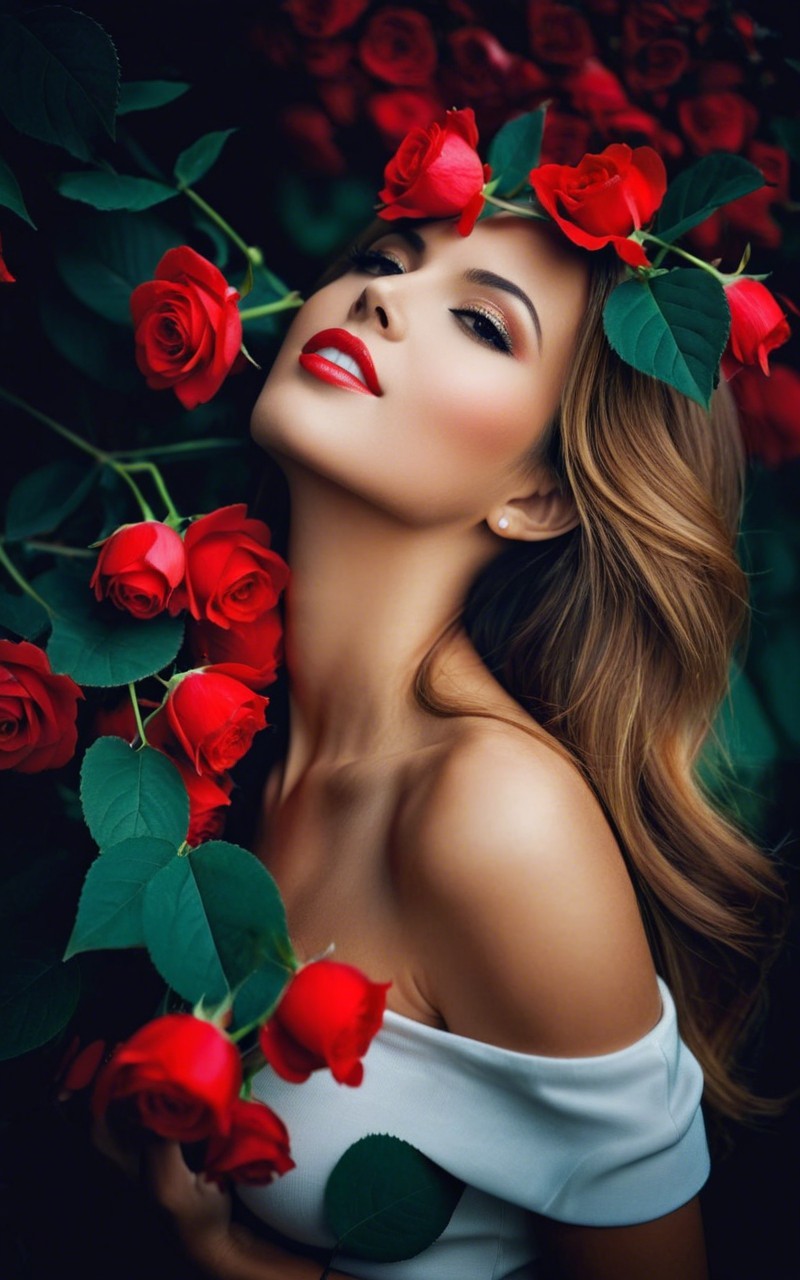Woman with Wavy Hair and Red Roses in Greenery