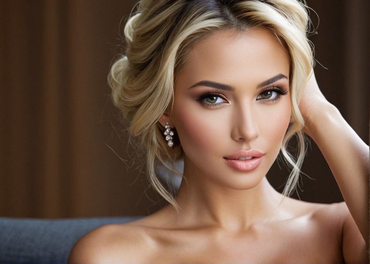 Elegant Portrait of a Woman with Blonde Hair and Green Eyes