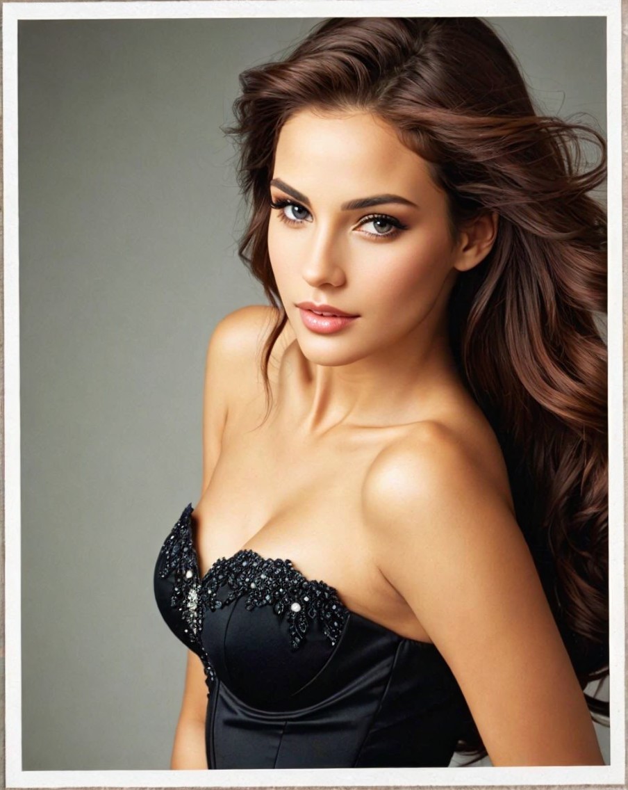 Young Woman in Elegant Black Gown with Beading